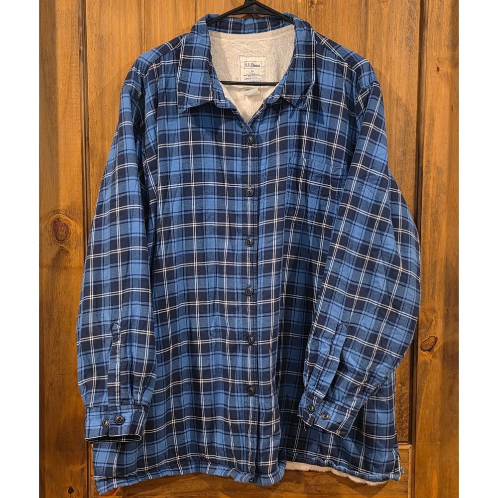 L.L. Bean Jacket Mens 2X Blue Shacket Style Plaid Flannel Fleece Lined Button Up
